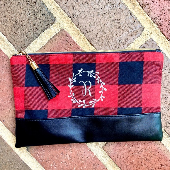 Monogram red and black check tote or purse & pouch - Picture 4 of 14